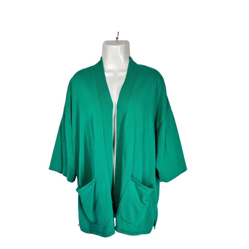 Isaac Mizrahi Live Women Cardigan XL Green Open Front Knit Sweater Front Pockets